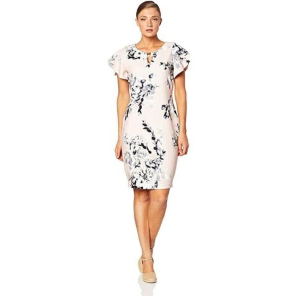 Calvin Klein Womens 2 Floral Ruffle Sleeve Sheath Dress Pink Color - Picture 1 of 12